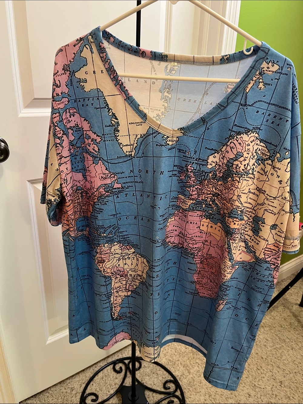 NWOT V-Neck Map-Print Short Sleeve Top in Blue and Pink
